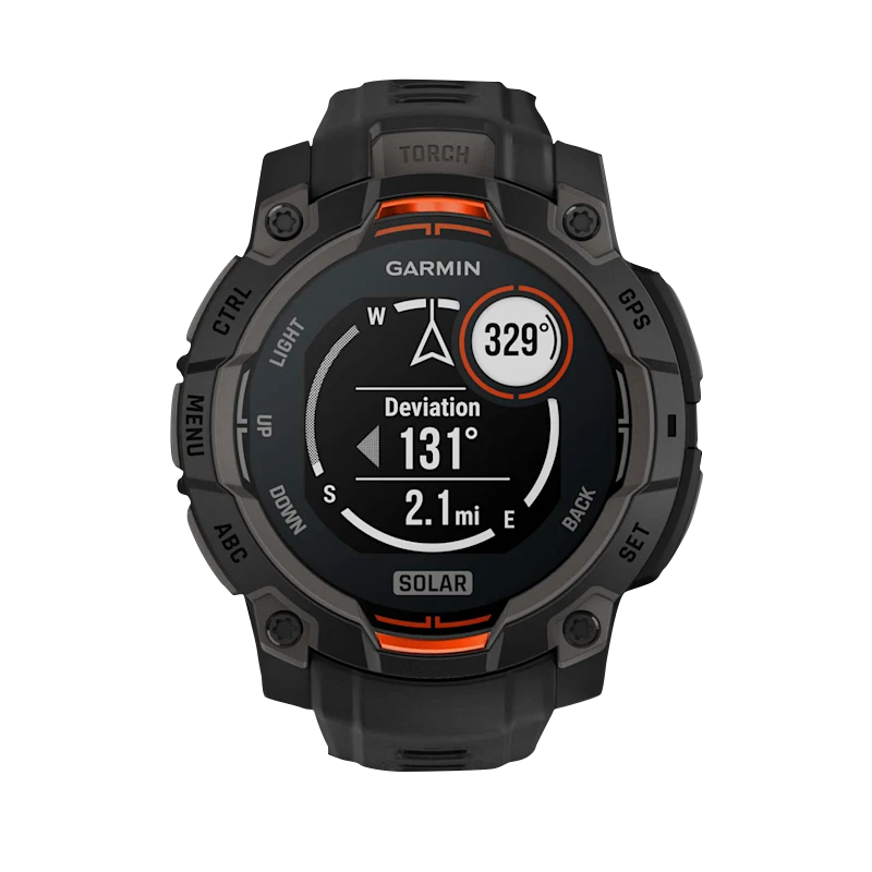 Garmin Instinct 3 Solar smart watch, 45mm, black case with black band and orange accents.