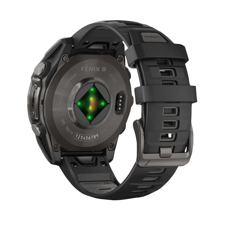Garmin Fenix 8, 47 mm AMOLED Sapphire, Carbon Gray DLC Titanium with Black/Pebble Gray Silicone Band (010-02904-20) by Garmin