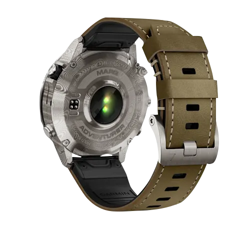 Garmin MARQ Adventurer Gen 2 Damascus Steel Edition smart watch with tan leather strap