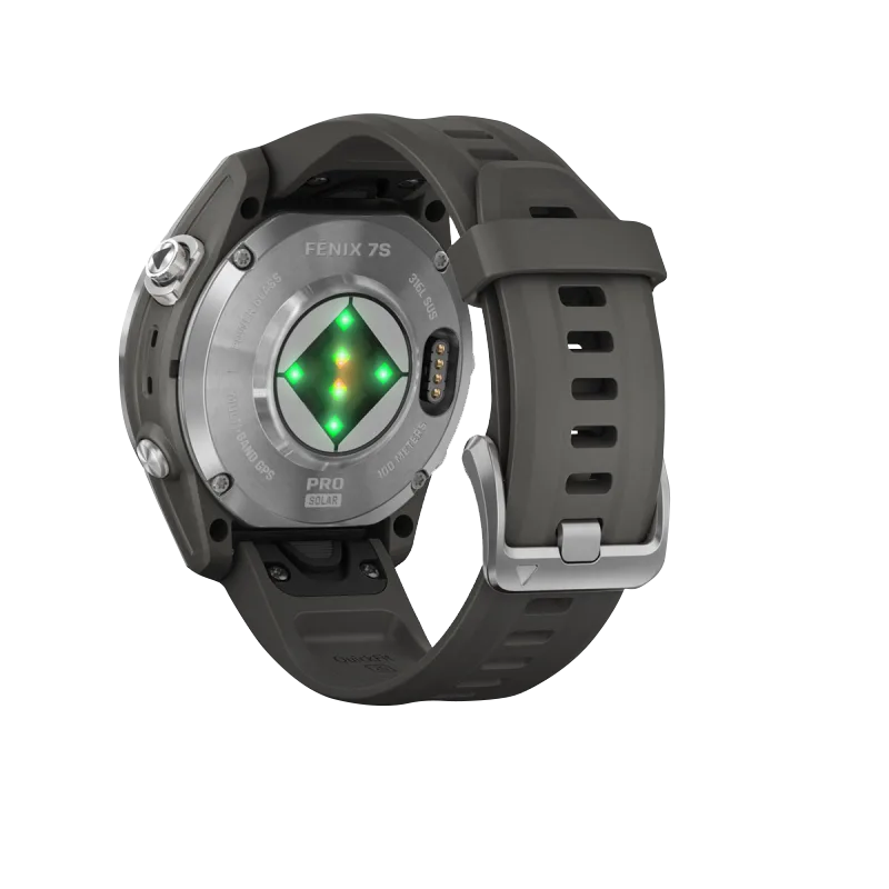 Garmin Fenix 7S Pro Solar smartwatch with graphite band and silver case