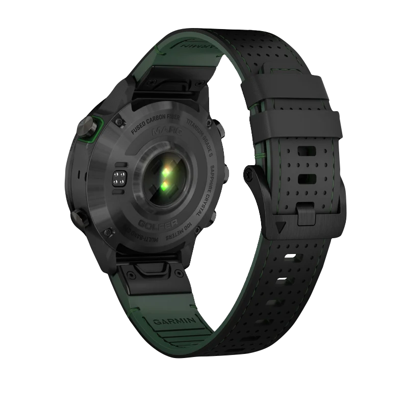 Garmin MARQ Golfer Gen 2 Carbon Edition smartwatch with black case and perforated green strap