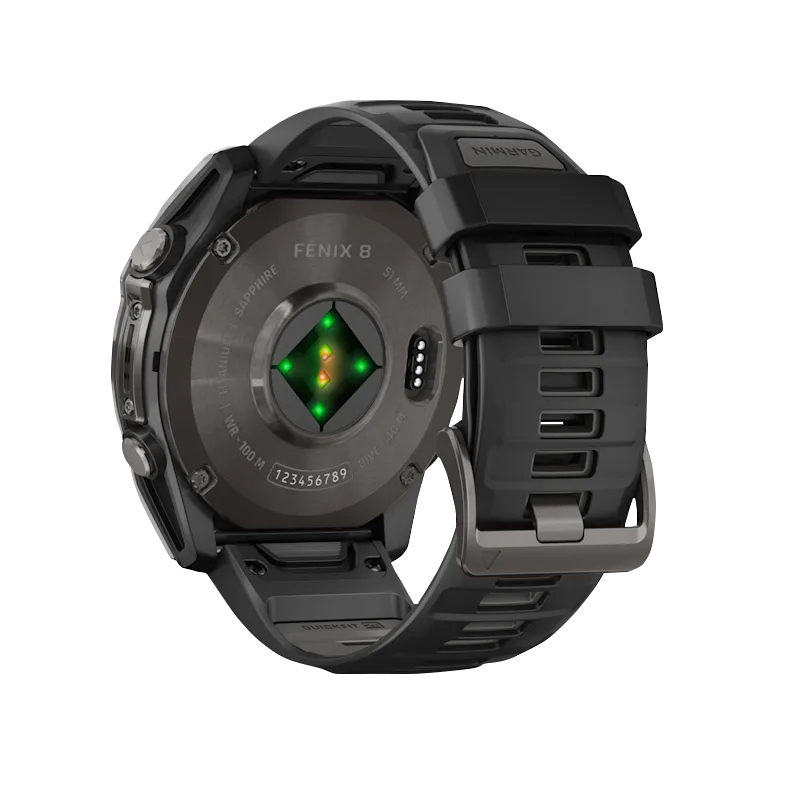 Garmin Fenix 8 smartwatch back with carbon gray DLC titanium case and black/pebble gray silicone band