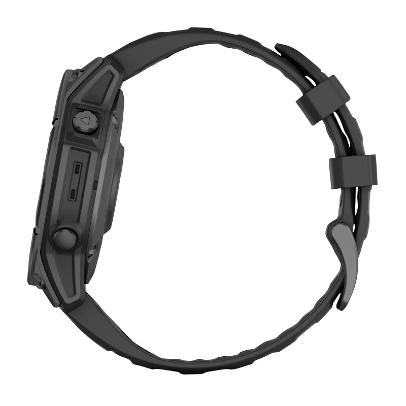 Garmin Fenix E 47mm AMOLED smartwatch with slate gray steel case and black silicone band