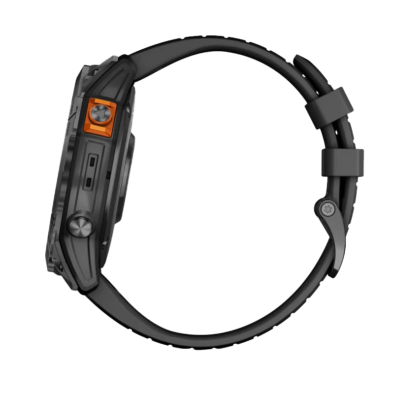Garmin Fenix 7X Pro Solar Edition smartwatch with black band and orange crown button