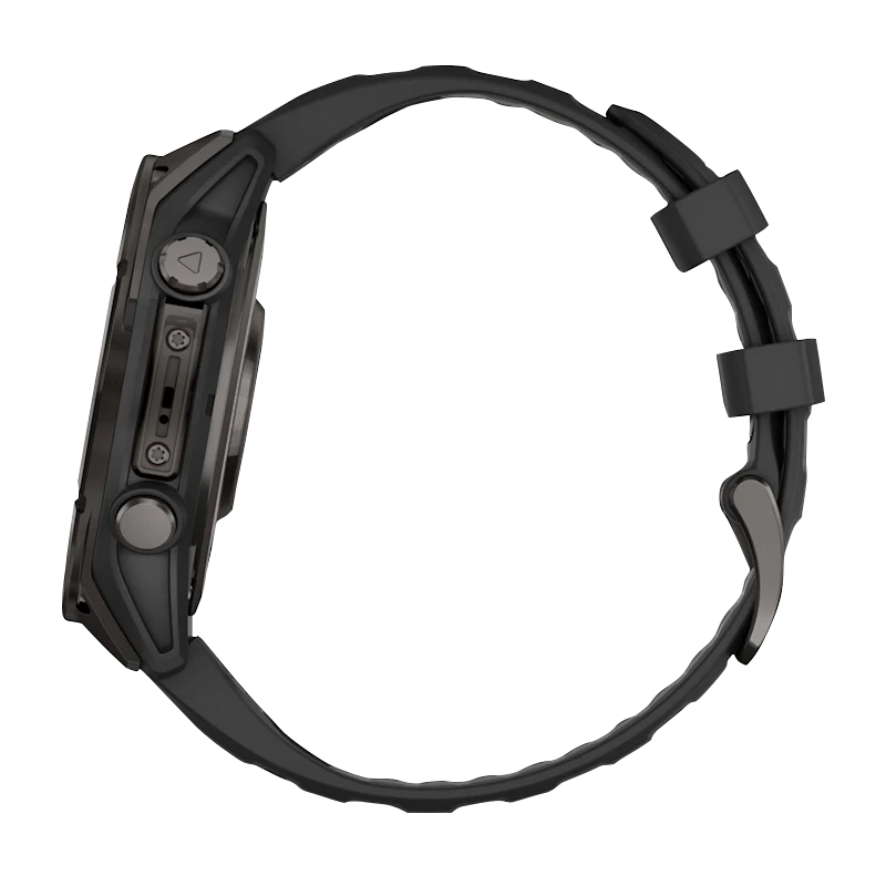 Garmin Fenix 8 smartwatch, 51 mm AMOLED Sapphire, carbon gray DLC titanium with black Pebble Gray silicone band.
