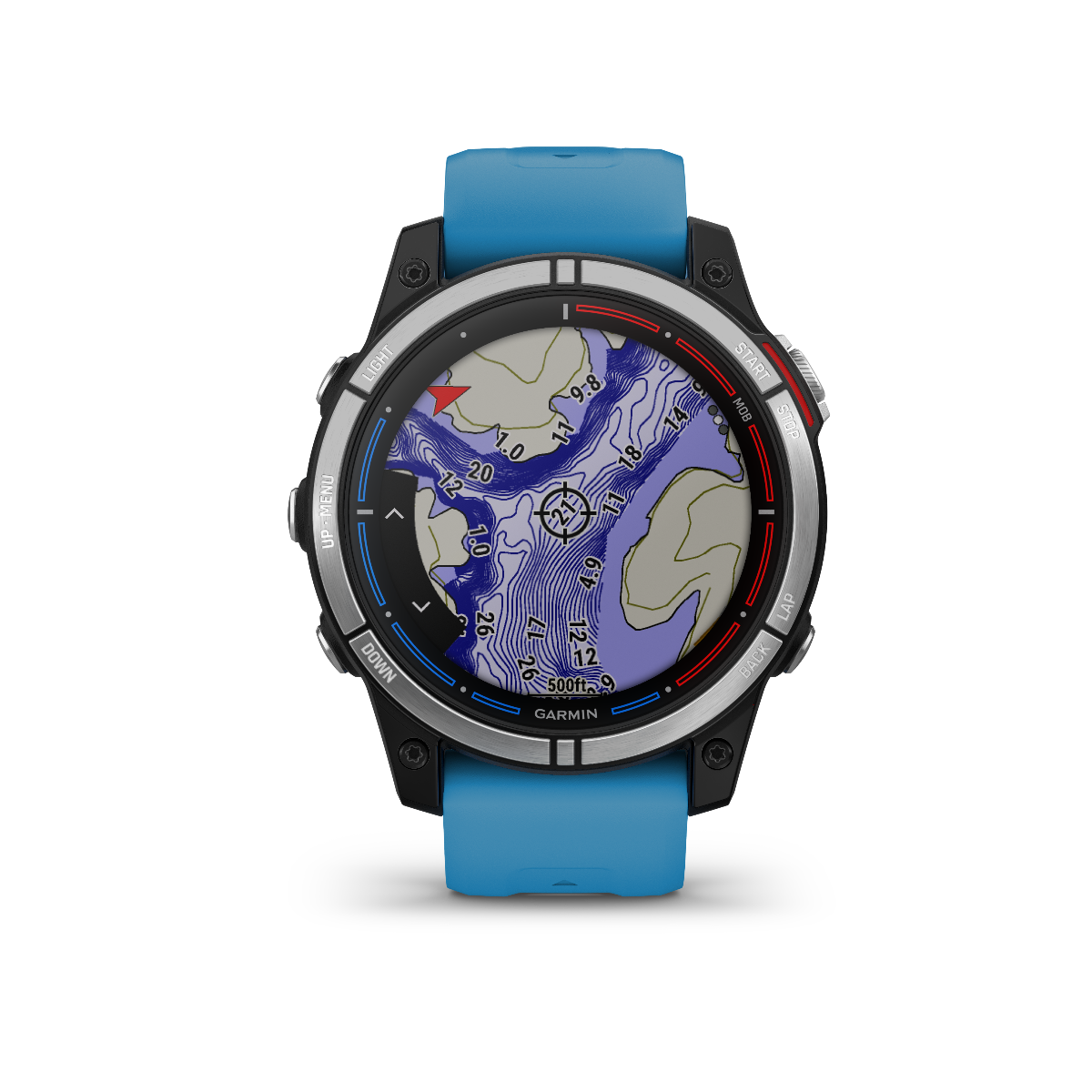 Garmin Quatix 7 Standard Edition marine GPS smartwatch with blue band and detailed map display