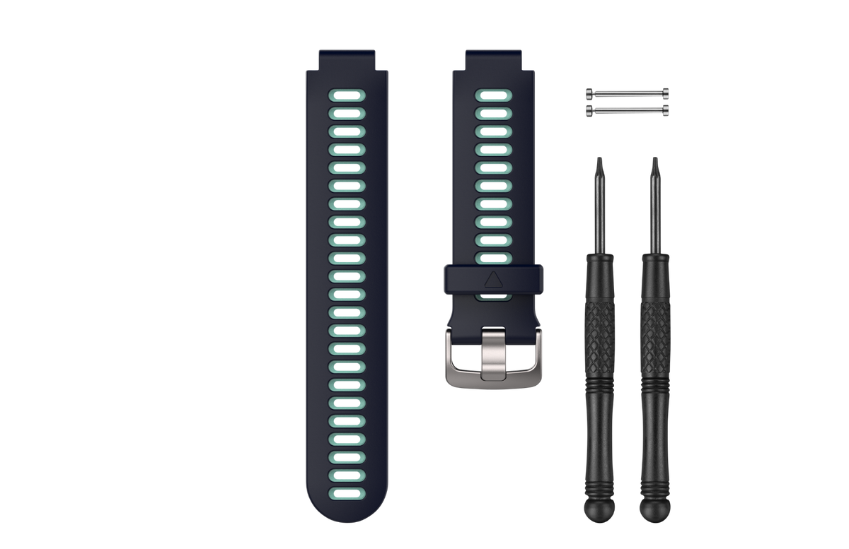 Garmin watch band kit in midnight blue and frost blue with two straps, screws, and tool