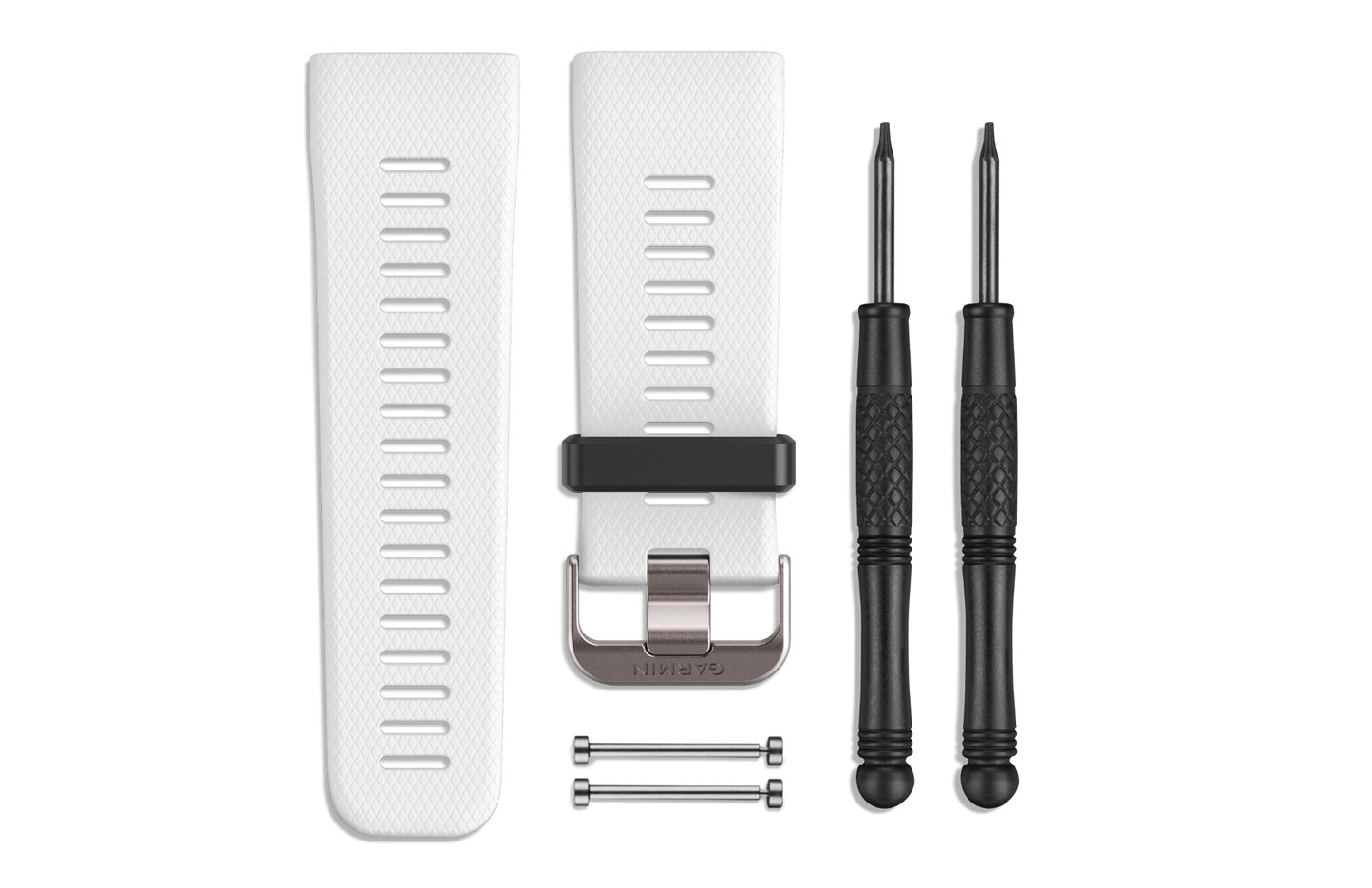 Garmin white band replacement kit for vivoactive HR with two textured white bands, buckle, pins, and two screwdrivers