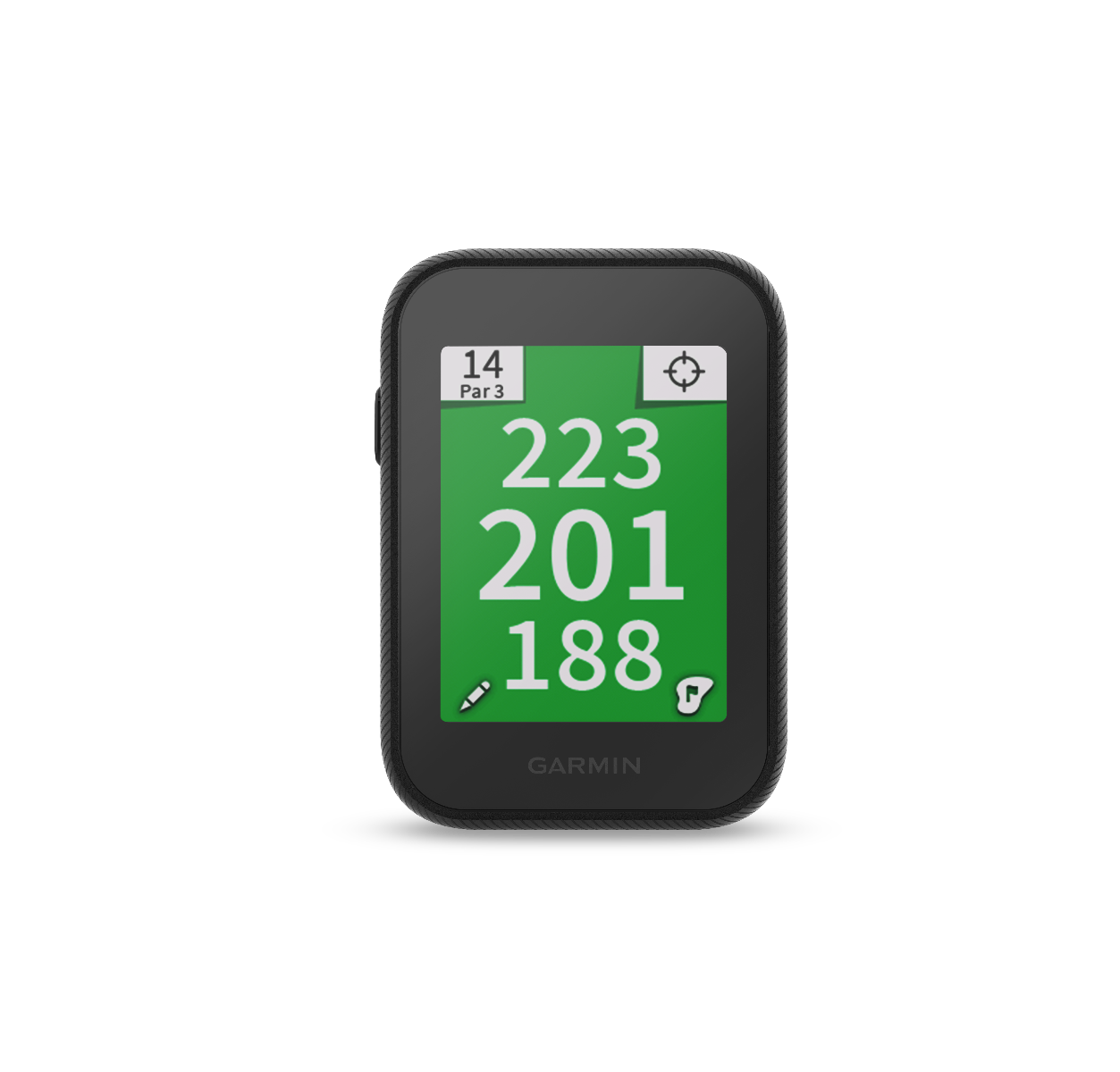 Garmin Approach G30 golf GPS device with black frame and green yardage display.