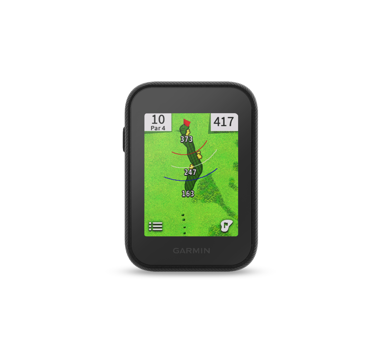Garmin Approach G30 golf GPS device in black with screen showing hole layout and distances