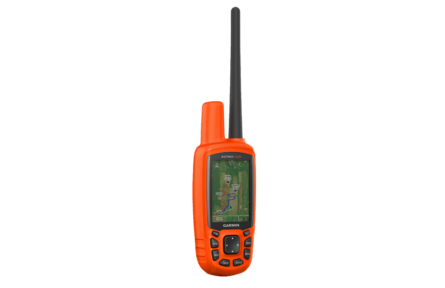 Garmin Astro 430 handheld, orange body with long black antenna and GPS map screen