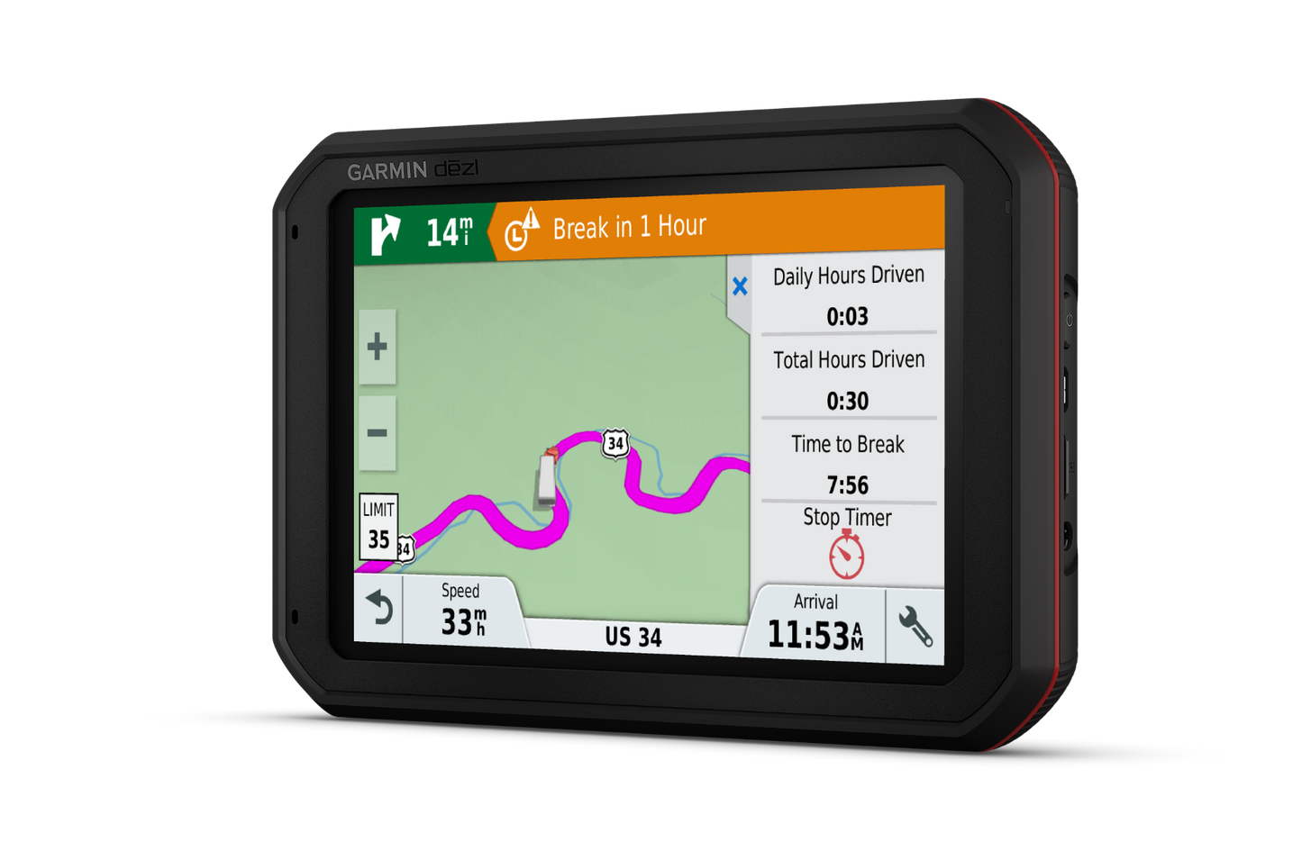 Garmin dezlCam 785LMT-S trucking GPS navigator with 7-inch screen in rugged black case, map view with purple route