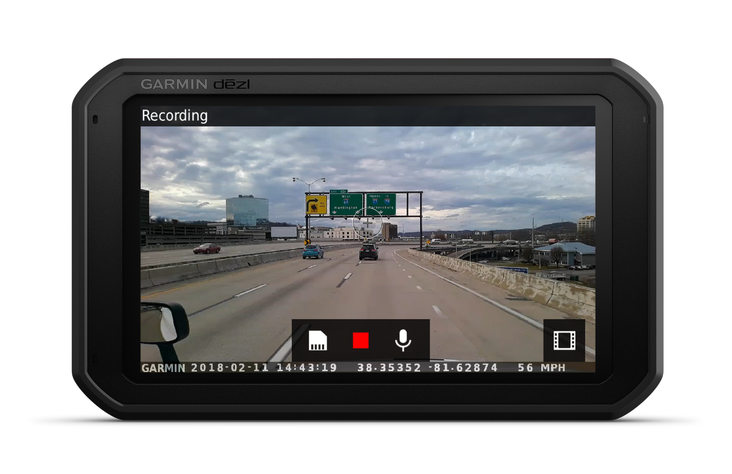 Garmin dezlCam 785LMT-S truck GPS navigator with 7-inch screen and recording overlay
