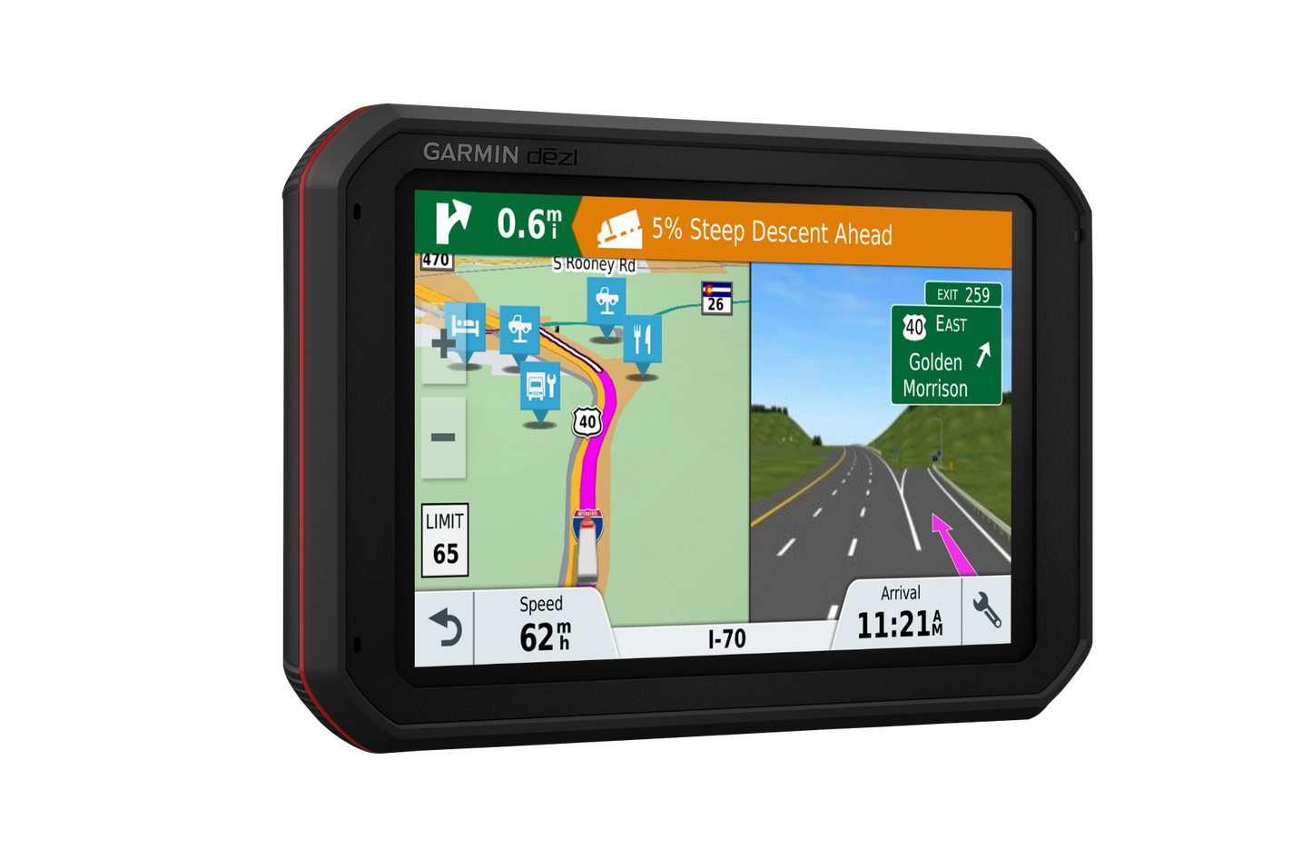 Garmin dezlCam 785LMT-S truck GPS navigator with 7-inch display, black body and red accent.
