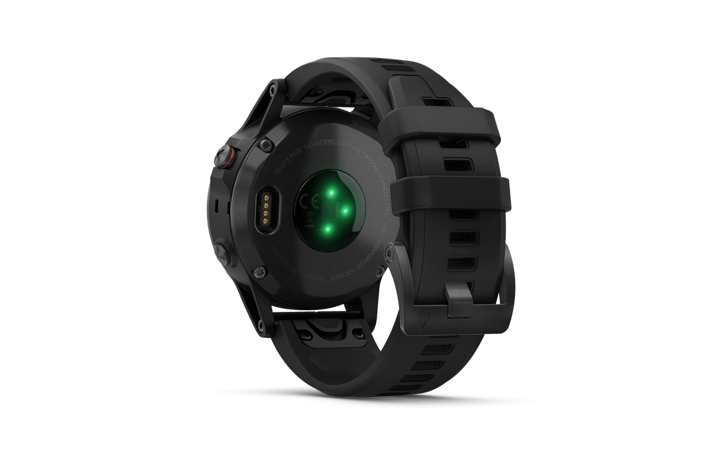 Garmin Fenix 5 Plus smartwatch with black band and sapphire crystal, back view.