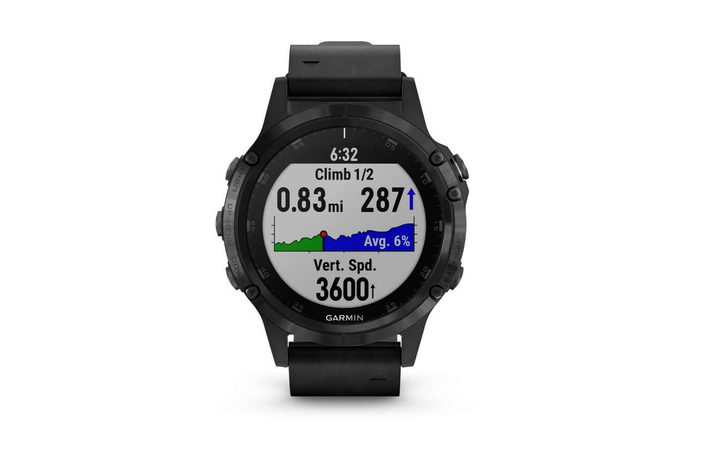 Garmin Fenix 5 Plus Sapphire smartwatch with black bezel and black leather band