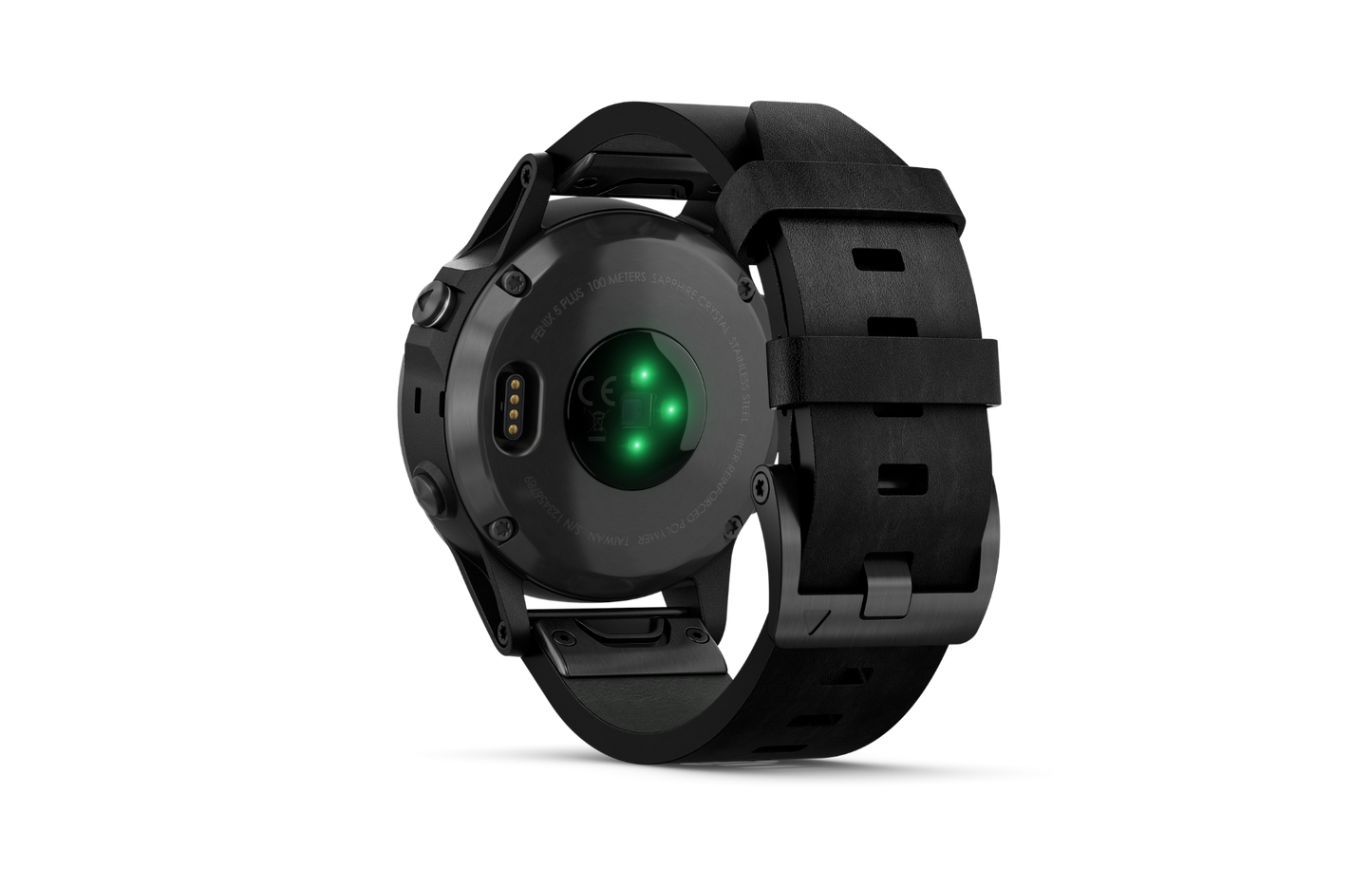 Garmin Fenix 5 Plus Sapphire smartwatch with black leather band, back view