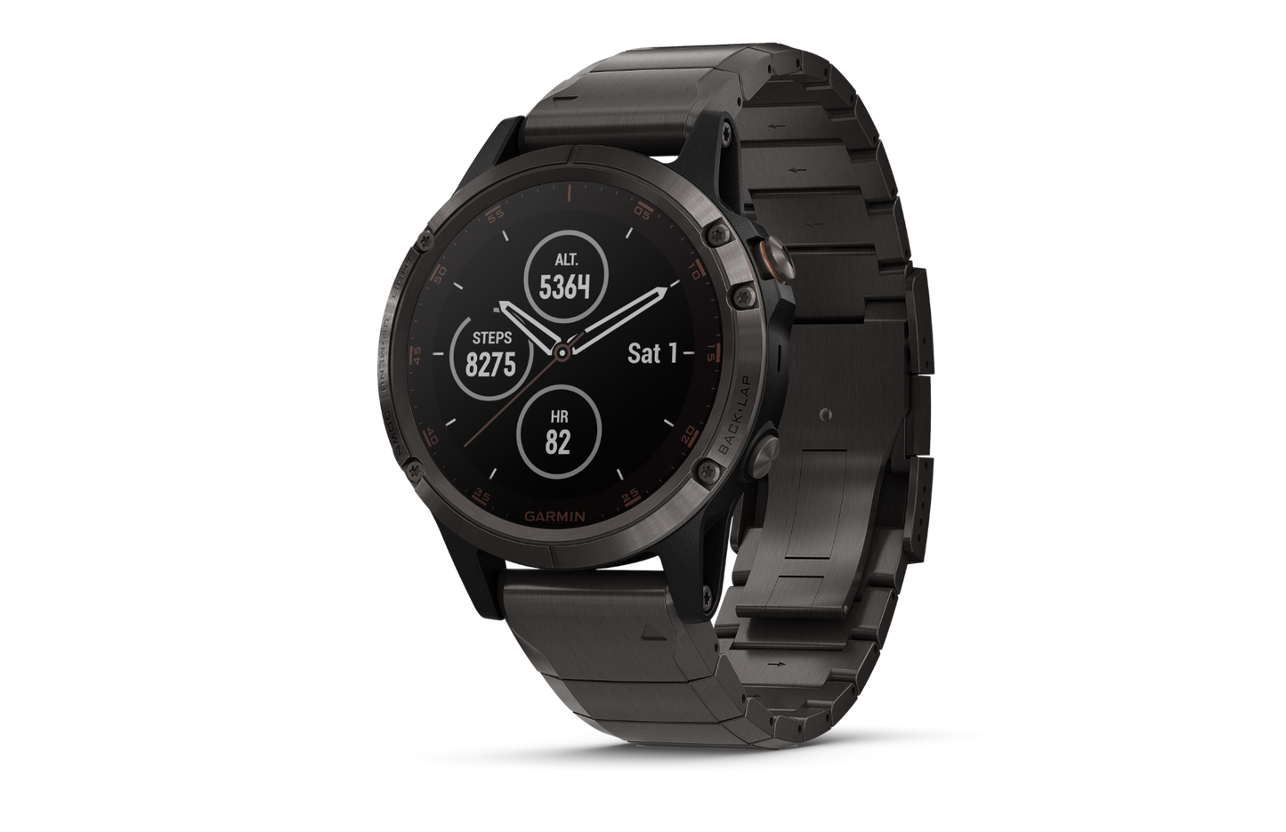 Garmin Fenix 5 Plus Sapphire smartwatch with black band and gunmetal bezel