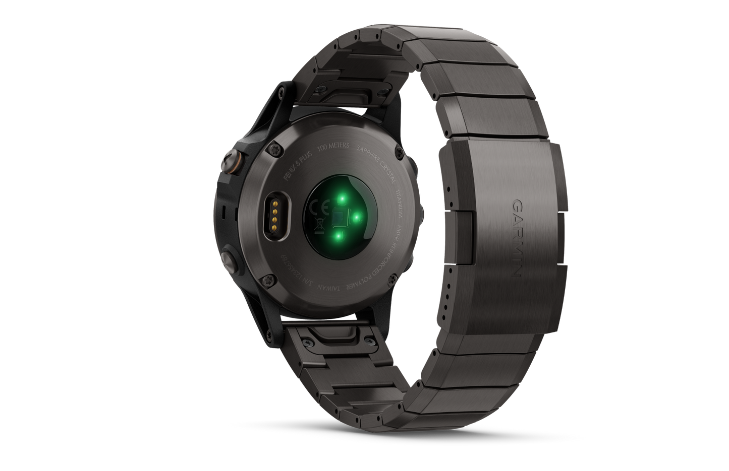 Garmin Fenix 5 Plus Sapphire smartwatch with black metal band, back view
