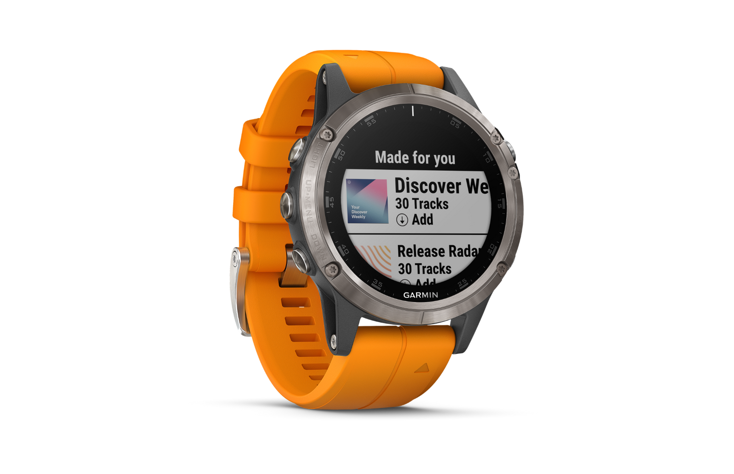 Garmin Fenix 5 Plus smartwatch with titanium bezel, sapphire glass, Solar Flare orange band