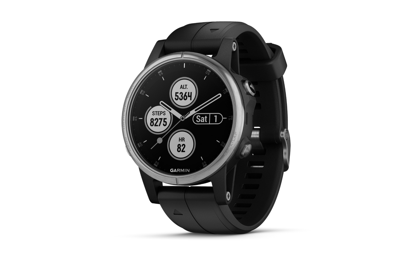 Garmin Fenix 5S Plus smartwatch, silver bezel with black band