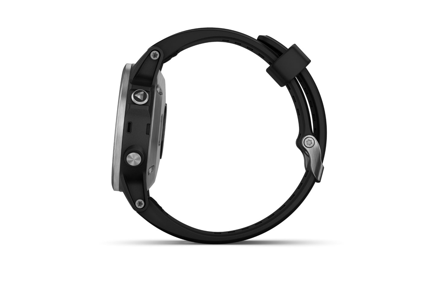 Garmin Fenix 5S Plus smartwatch, silver case with black band, side view