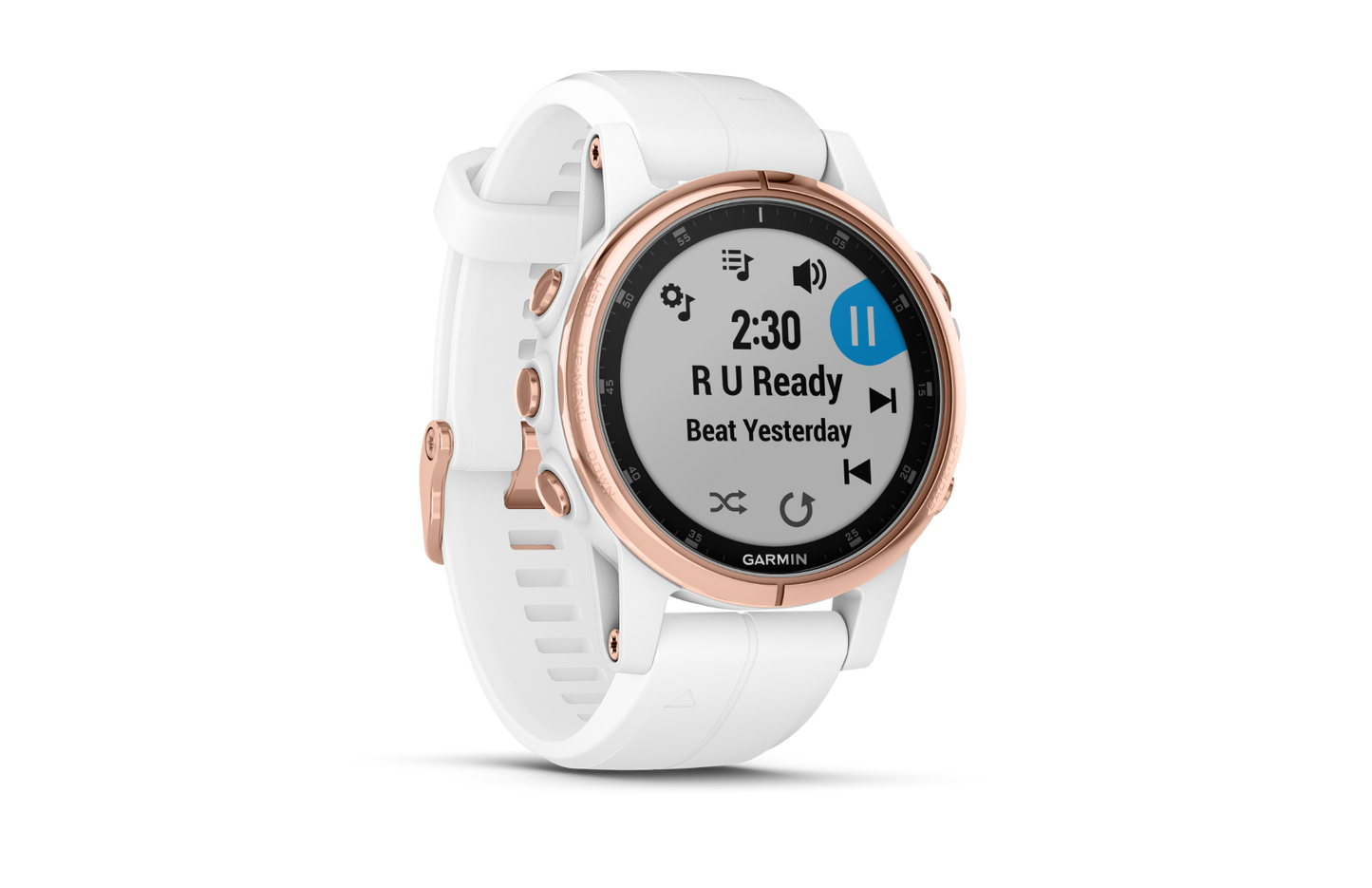 Garmin Fenix 5S Plus Sapphire smartwatch with rose-goldtone case and Carrara White band