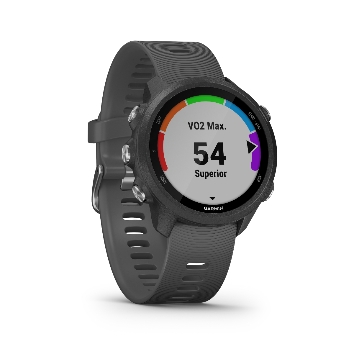Garmin Forerunner 245 slate smartwatch with gray silicone band and VO2 Max display