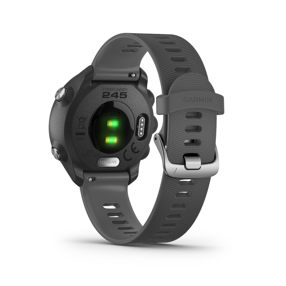 Garmin Forerunner 245 smartwatch in slate, back view with charging contacts.