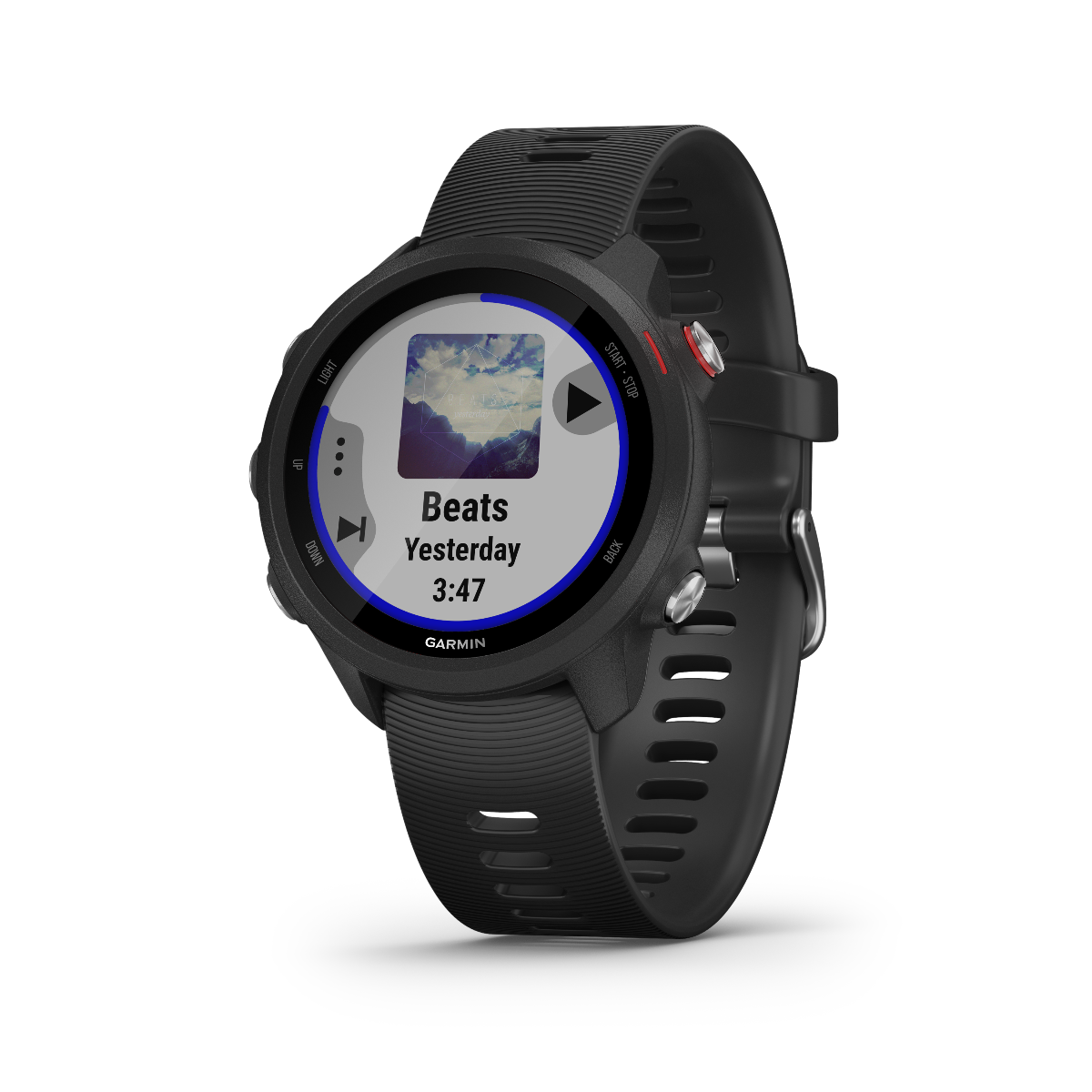 Garmin Forerunner 245 Music smartwatch, black silicone band, round touchscreen display.
