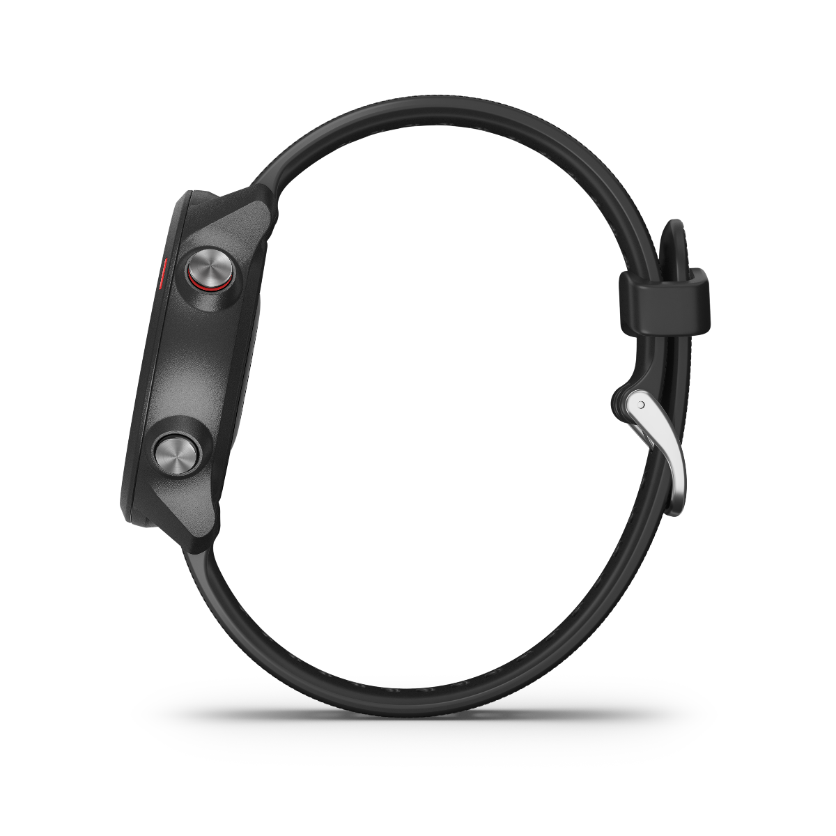 Garmin Forerunner 245 Music smartwatch, black band, side view with red-accented crown