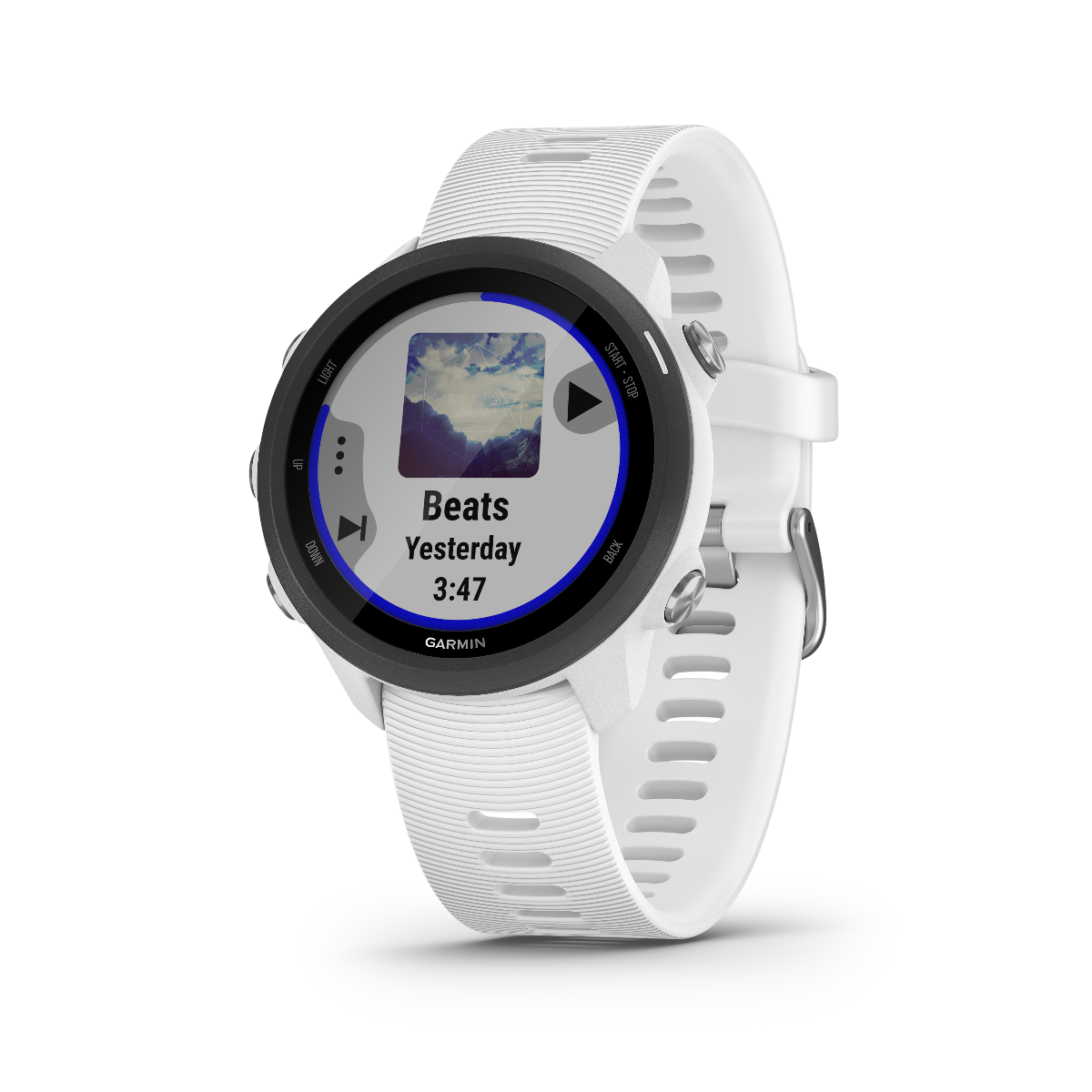 Garmin Forerunner 245 Music smartwatch with white band, round face showing Beats Yesterday track on the music screen