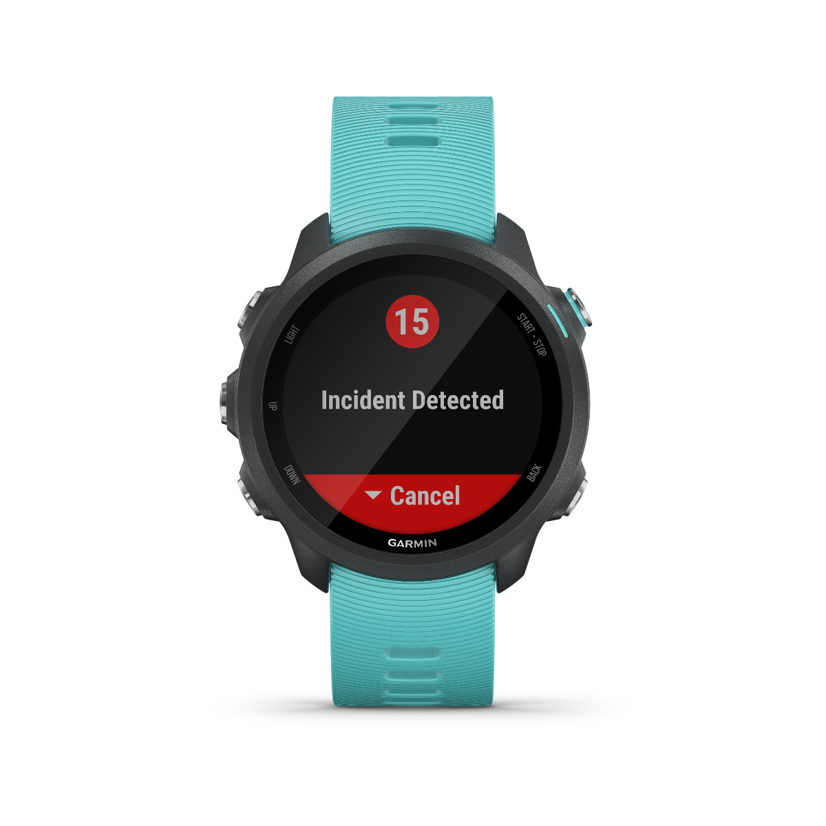 Garmin Forerunner 245 Music smartwatch with aqua strap; screen shows Incident Detected and red Cancel button