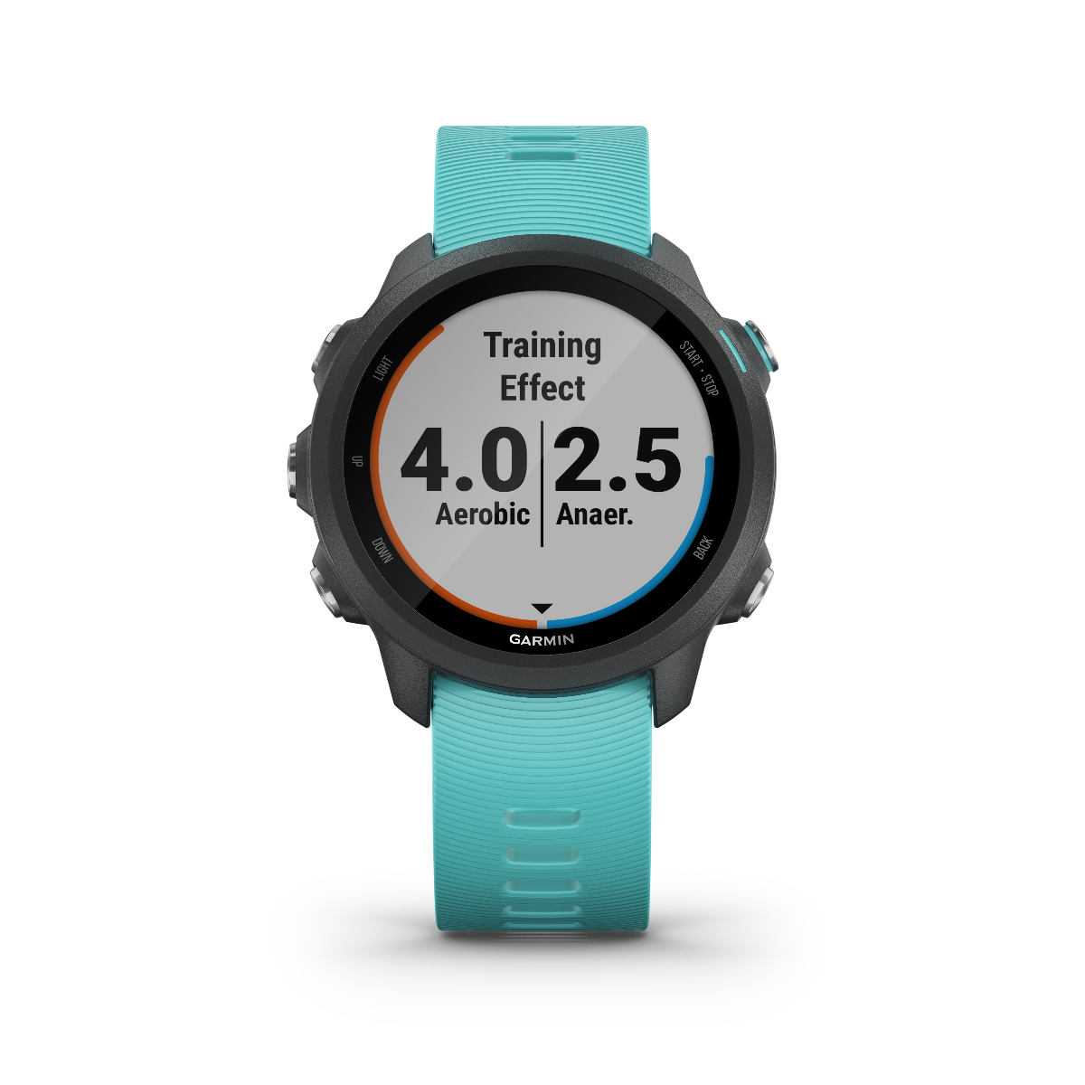 Garmin Forerunner 245 Music smartwatch with aqua strap, displaying Training Effect 4.0 Aerobic 2.5 Anaer.