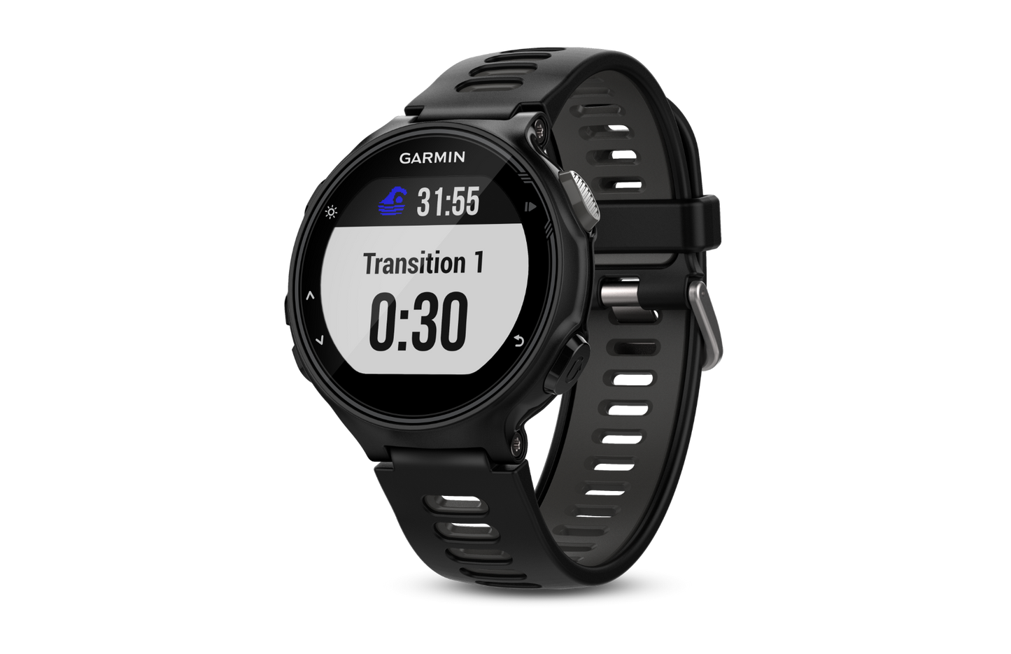 Garmin Forerunner 735XT smartwatch in black with gray strap, Garmin logo visible, round digital display