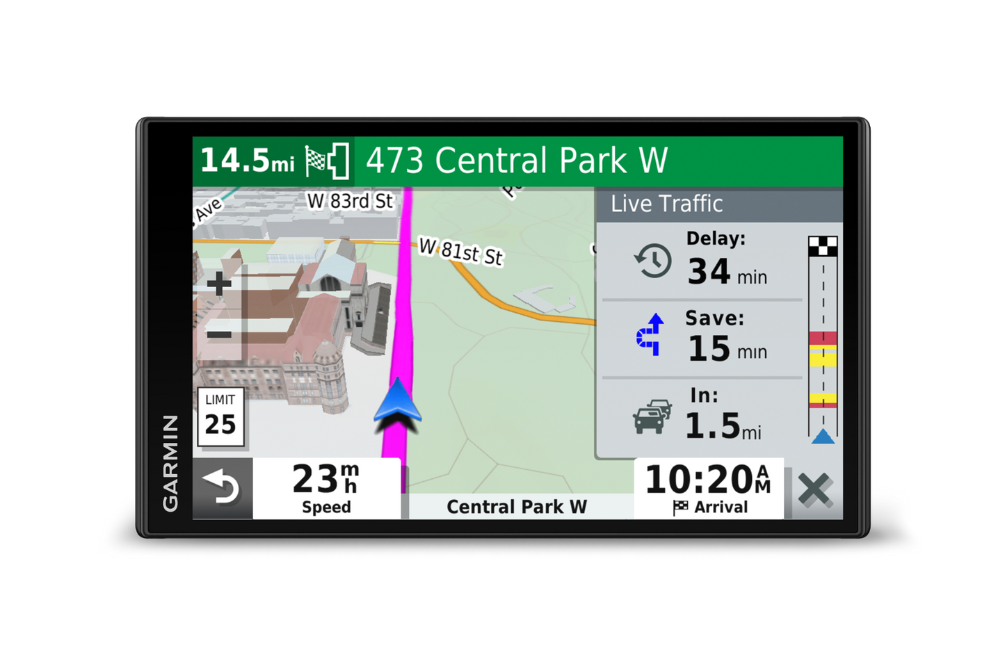 Garmin DriveSmart 65 & Traffic 6-inch GPS navigator in a black frame with live traffic