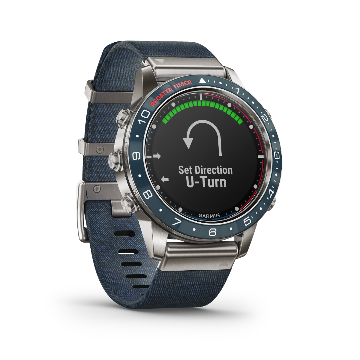 Garmin MARQ Captain men's luxury GPS smartwatch with blue fabric strap and stainless steel bezel