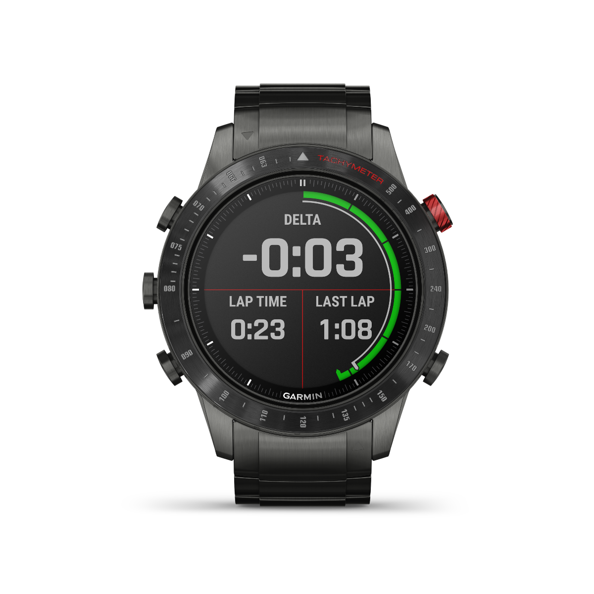 Garmin Marq Driver men's luxury GPS smartwatch with stainless-steel bracelet and tachymeter bezel