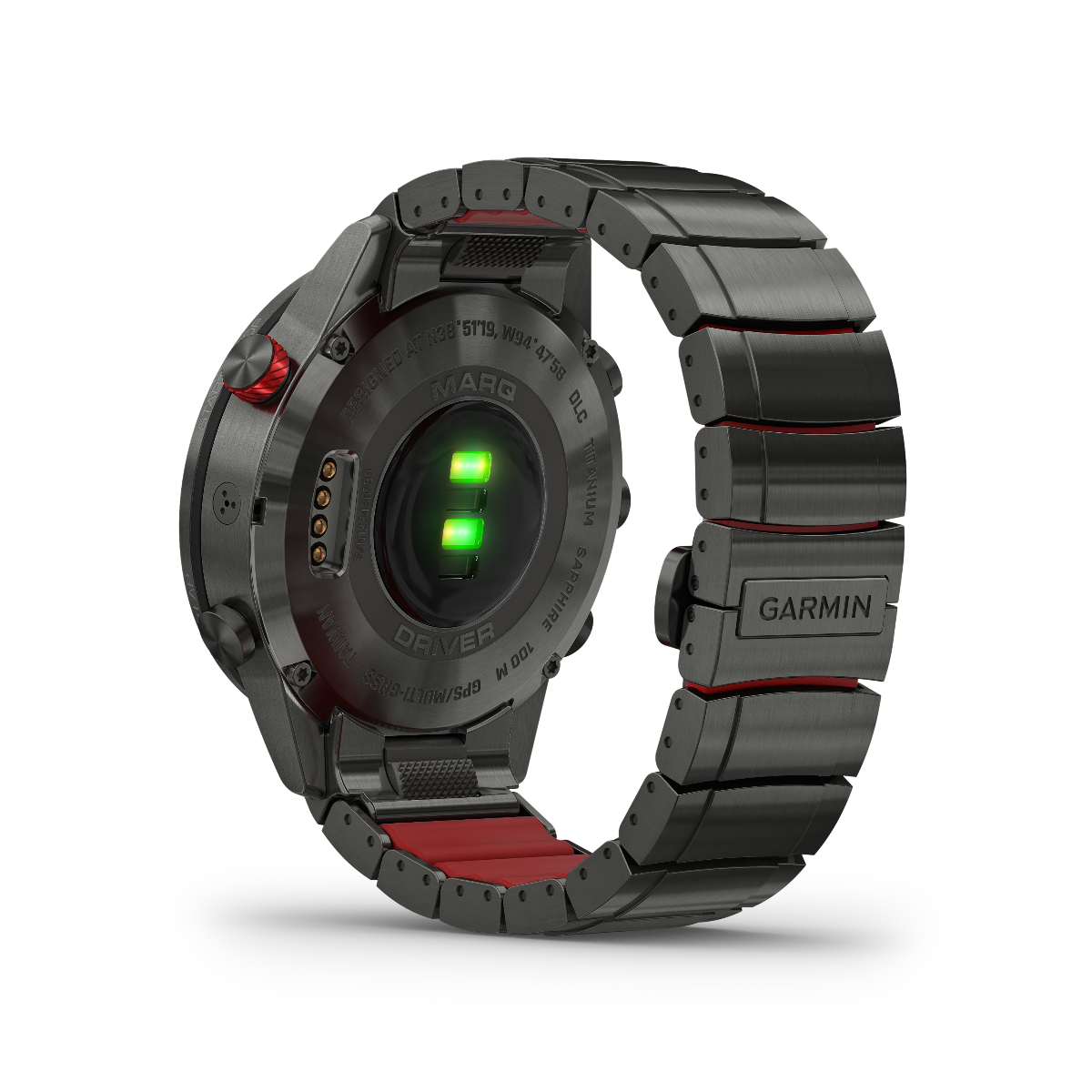 Garmin Marq Driver men's luxury GPS smartwatch with metal bracelet and red accents