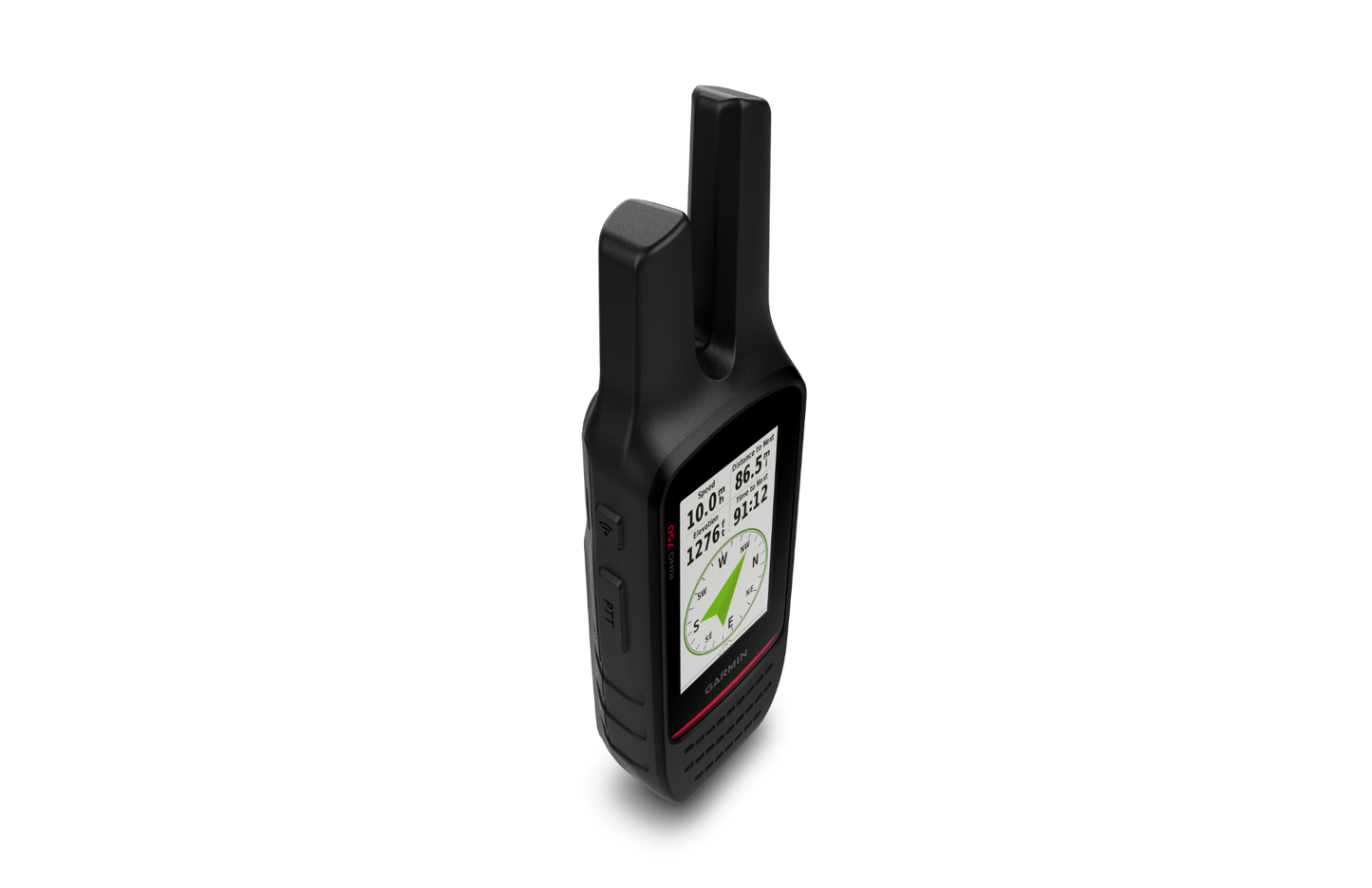 Garmin Rino 750 GPS and 2-way radio handheld in black with tall antenna, rugged body, and built-in navigation display