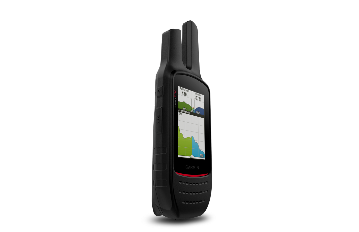 Garmin Rino 750 GPS and 2-way radio in black with map display, Canada model