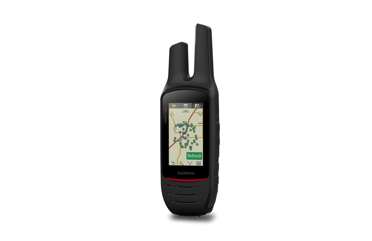 Garmin Rino 750 handheld GPS and 2-way radio with map display, black with red trim