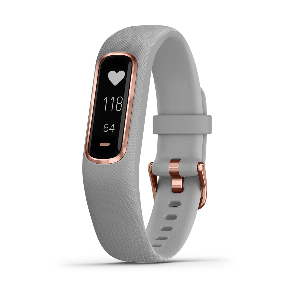 Garmin Vivosmart 4 rose with rose-gold hardware, gray band, activity monitor