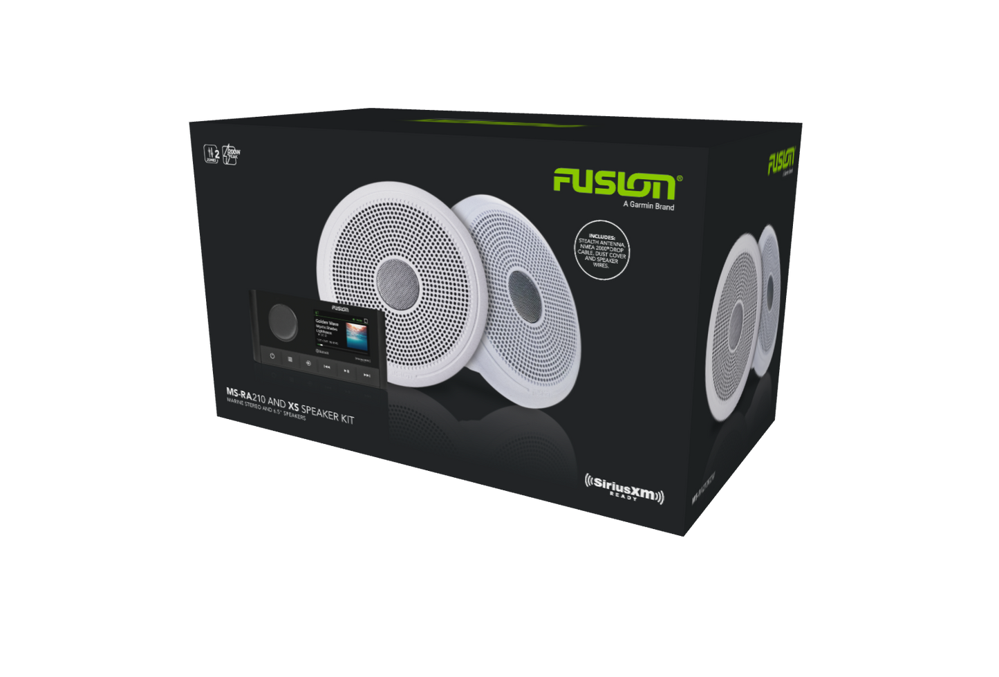 Garmin Fusion MS-RA210 stereo with XS Classic speaker kit; two white round speakers on a black box