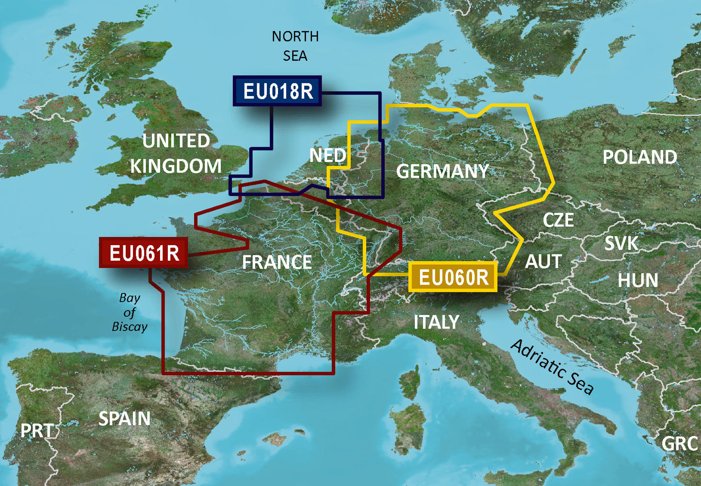 Garmin Benelux BlueChart g3 Vision map card VEU018R Europe with colorful route borders on microSD/SD