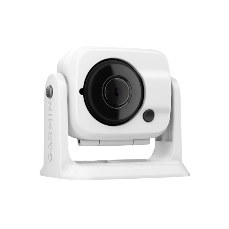 Garmin GC 100 wireless camera on white mounting stand.