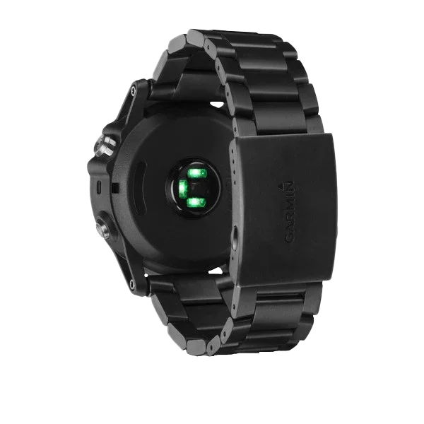 Garmin D2 Bravo Titanium GPS aviation smartwatch back view with black titanium band and green optical heart-rate sensor