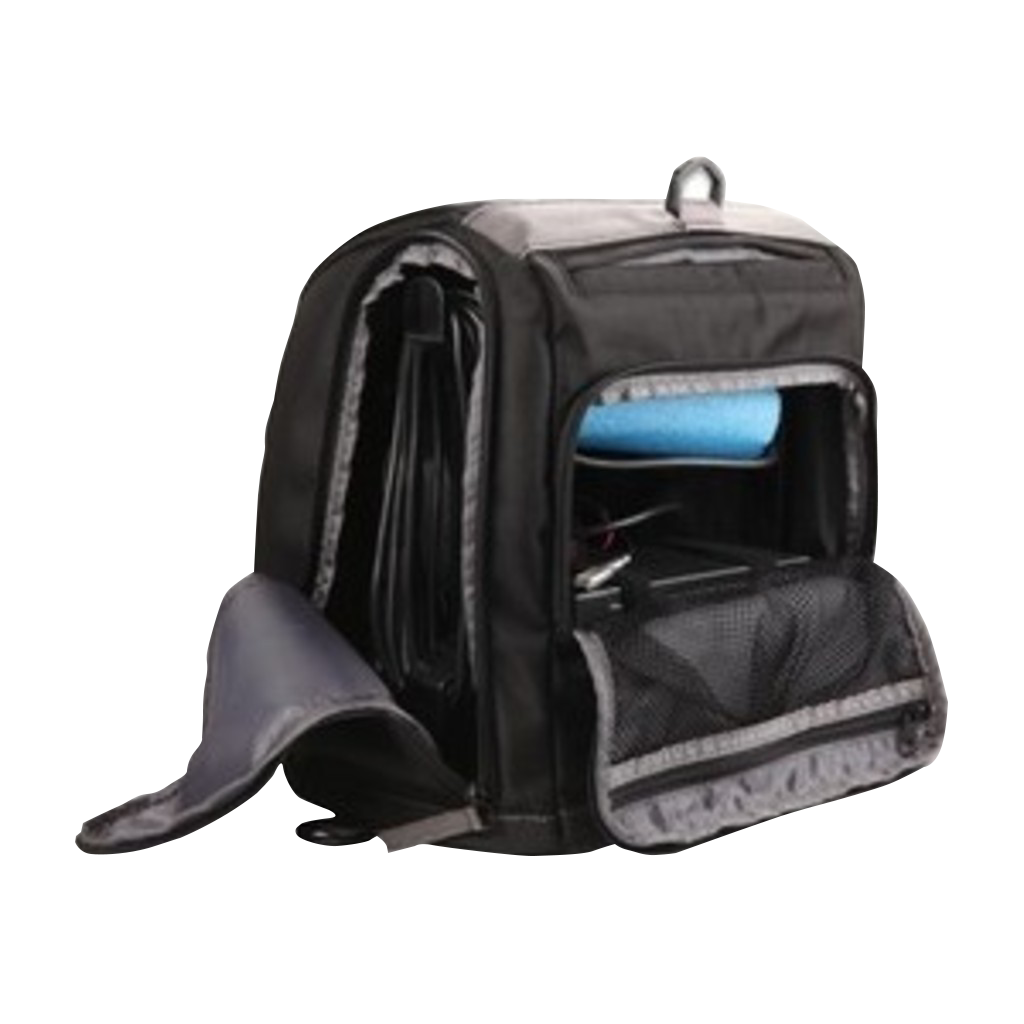 Garmin portable fishing kit backpack, black with gray trim and mesh pockets.