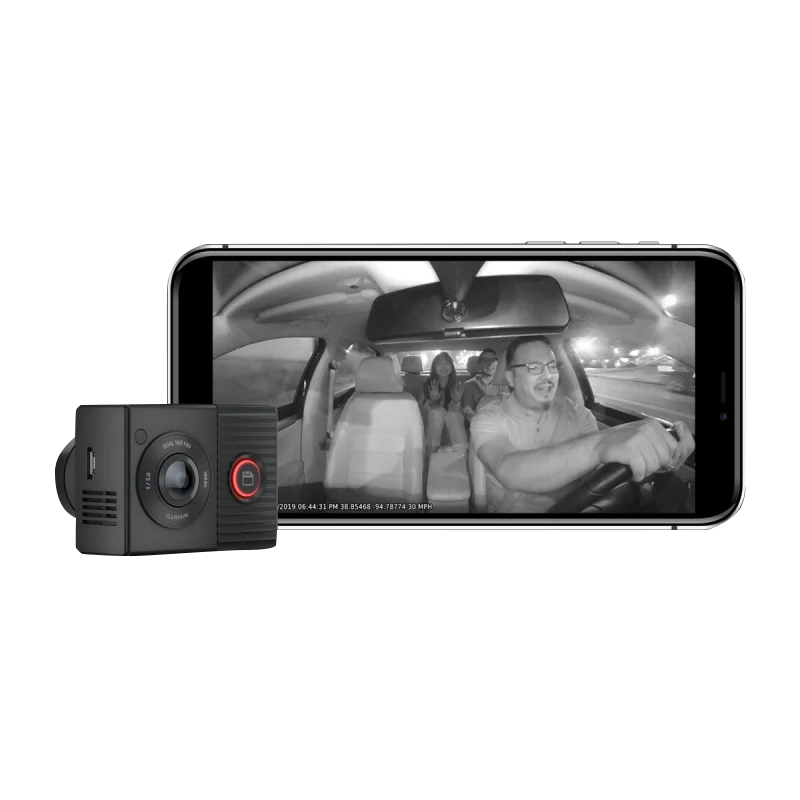Garmin Dash Cam Tandem dual-lens car camera, black; 2 items shown dash cam, smartphone, Garmin certified refurbished