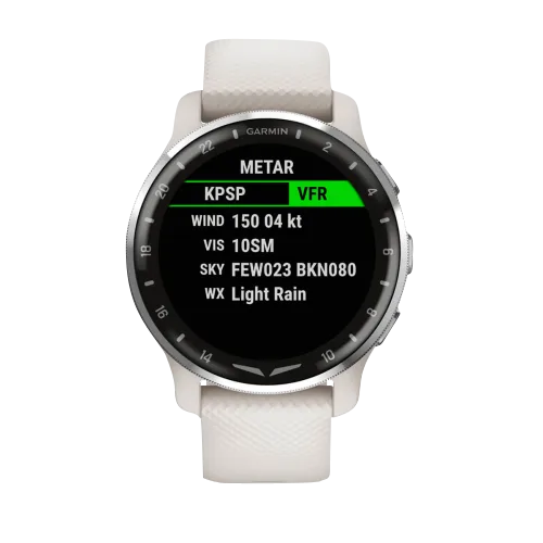 Garmin D2 Air X10 aviator smartwatch, white strap, silver aluminum bezel.